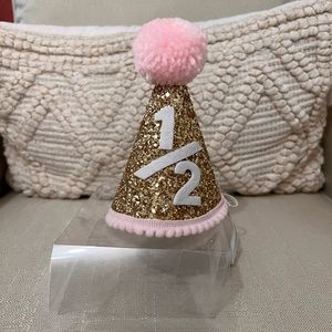 Gold glitter & pink baby girl 1/2 birthday hat. Like new